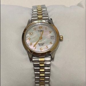 Timex Ladies Silver/Gold Two-Tone Stretch Bracelet Quartz w/Indiglo Analog Date